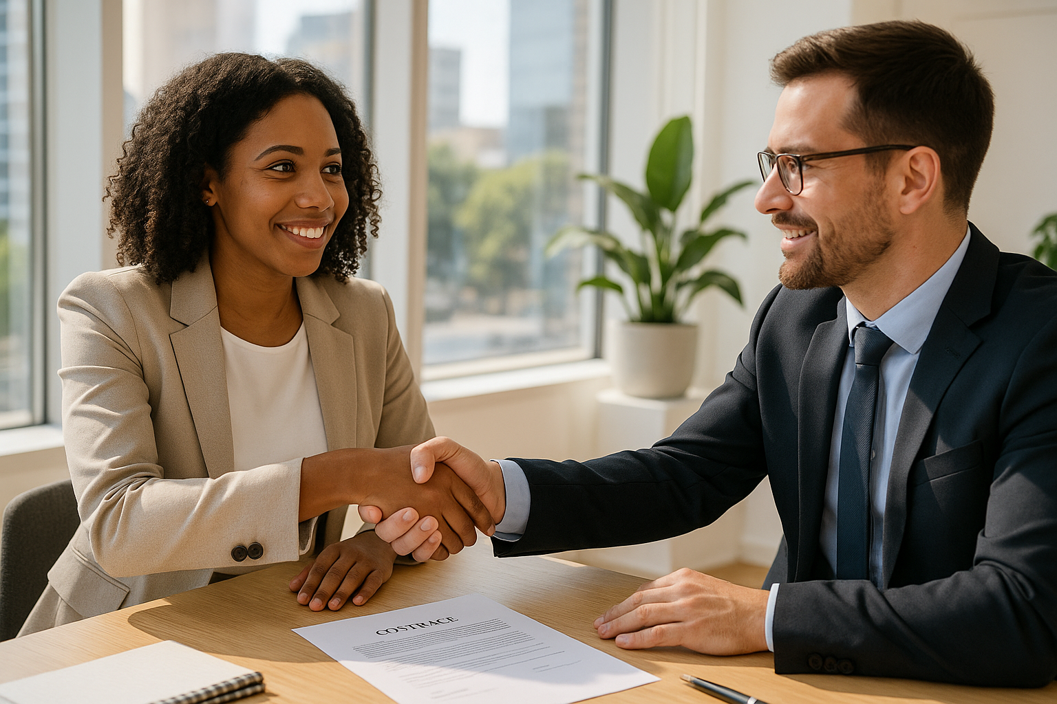 Confident professional negotiating salary with hiring manager in a bright modern Australian office handshake over contract business attire clear body language diverse highresolution